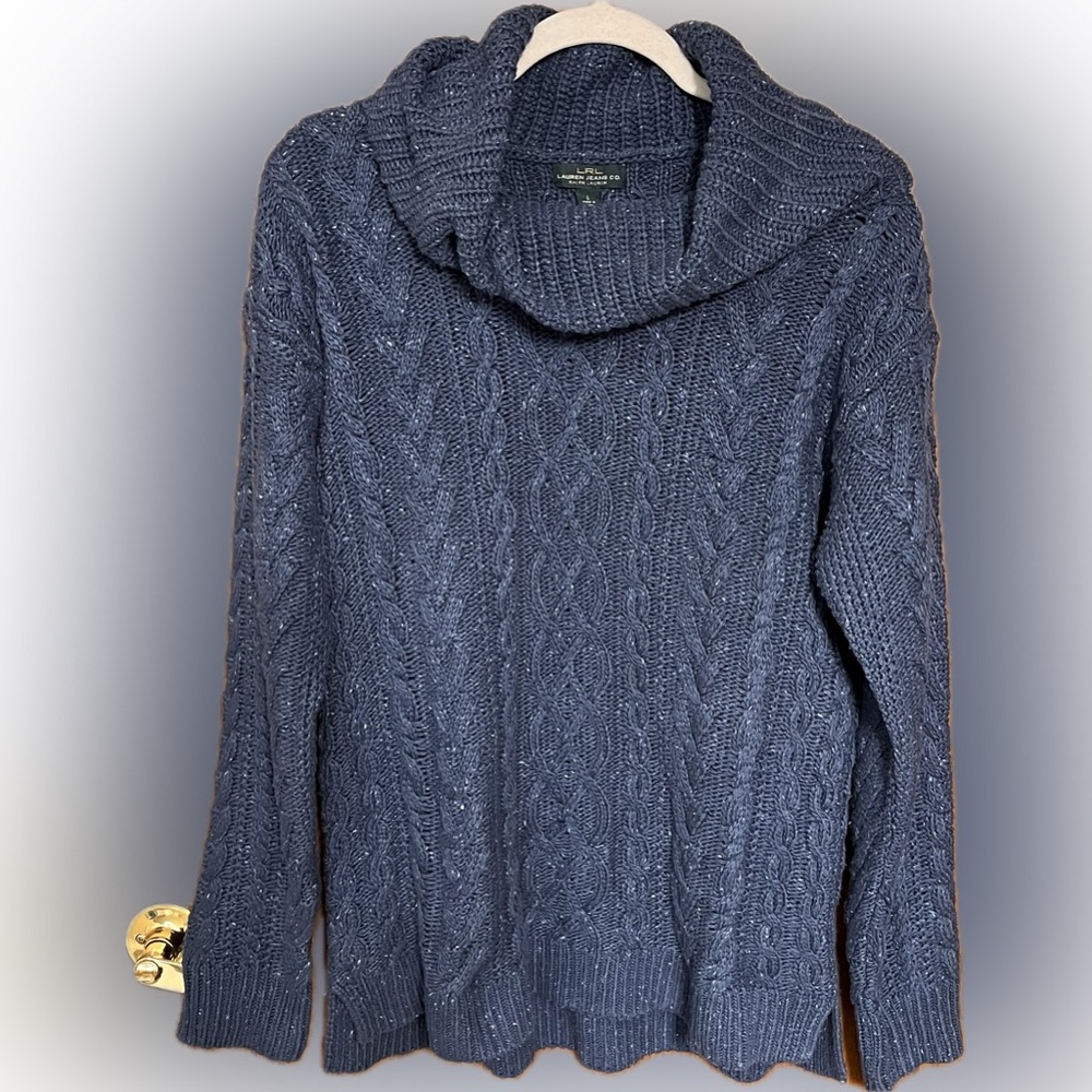 Lauren Ralph Lauren Fisherman Cable Knit Cowl Neck Sweater Blue Size L